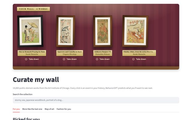 Curate my wall: a gallery wall of Japanese woodblock prints picked by BehaviorGPT